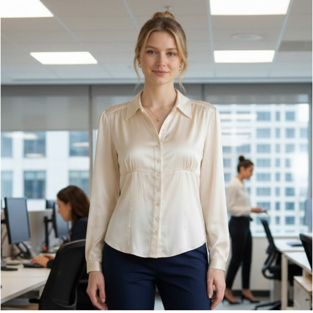 Semantiks 93% Silk Button Front Blouse Women’s Large Ivory Long Sleeve